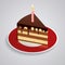 A piece of chocolate cake with one candle on a saucer. Celebrating the birthday of 1 year. The food is sweet. Isometric