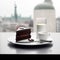 A piece of chocolate cake on a plate next to a cup of coffee. AI generative image . German still life.