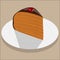 Piece of chocolate cake on white plate. Sweet cake with cherry, cream and biscuit. Vector illustration.