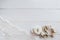 A piece of crocheted light tablecloth and flower costume jewelry on a white wooden background. Vintage background with