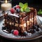 A piece of delicious dark chocolate cake covered with fruits and chocolate topping on a black plate