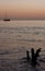 A piece of driftwood in the foreground and a boat in the background in Tonga