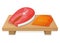 Piece fish tuna salmon, fresh steak tenderloin on wooden kitchen board isolated on white, cartoon vector illustration. Healthy fat