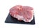 Piece of fresh meat with bone on shale stone, white insulated background
