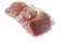 A piece of fresh raw pork. isolate on white, red meat for barbecue and grill. selective focus