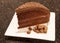 Piece of frosting chocolate cake served on white square plate.