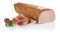 Piece of ham and slices on white plate. Isolated on a white back