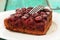 Piece of homemade yummy chocolate cake with tart cherries with f