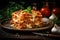 Piece of lasagna bolognese on plate. Italian cuisine. Generative AI