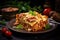 Piece of lasagna bolognese on plate. Italian cuisine. Generative AI