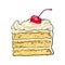 Piece of layered cake with vanilla cream and cherry decoration