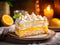 piece of lemon and orange layered meringue cake, in a golden crust covered with soft meringue