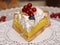 Piece of lemon tart with a meringue and red currant berries