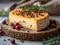 Piece of Maasdam cheese with black pepper and rosemary on wooden board