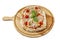 A piece of margarita pizza served on a wooden board. Appetizing popular dish of traditional Italian cuisine with tomatoes, cheese