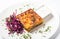 Piece of meat pie with vegetable and garnish red cabbage