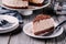 A piece of no-bake chocolate cheesecake on a plate