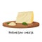 Piece of Parmesan cheese and a small pile of grated cheese on a wooden tray. Realistic vector illustration.