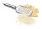 A piece of Parmesan and grated cheese on white background