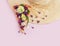 Piece pizza hat summer slice pink background flower tulip green purple yellow lilac bouquet bunch daisy chamomile