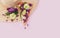 Piece pizza hat summer slice pink background flower tulip green purple yellow lilac bouquet bunch daisy chamomile