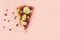 Piece pizza slice pink background flower tulip green purple yellow lilac bouquet bunch daisy chamomile