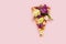 Piece pizza slice pink background flower tulip green purple yellow lilac bouquet bunch daisy chamomile