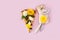 Piece pizza slice yellow pink background plug knife flower dandelion green yellow bouquet bunch tulip