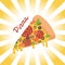 Piece of pizzaon retro radial background with lettering. Tomatoes and sausage cheese and greens. Crispy crust. tortilla isolated