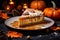 A piece of pumpkin pie on a dark background with pumpkins. Autumn aesthetics.