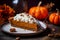 A piece of pumpkin pie on a dark background with pumpkins. Autumn aesthetics.