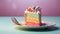 a piece of rainbow cake on a plate. birthday.Generative AI