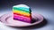 a piece of rainbow cake on a plate. birthday.Generative AI