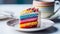 a piece of rainbow cake on a plate. birthday.Generative AI