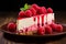 Piece of raspberry cheesecake topped with red glaze and fresh raspberries, on a plate against dark background