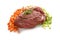 Piece of raw beef meat with ingredients like carrots, leeks and celery, isolated on a white background, copy space