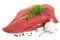 Piece raw beef, spices, garlic and dill isolated on white.