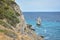 A piece of rock near the sea near the coast, a view of the coastal rocks near the castle Swallow`s Nest in Crimea, a detached