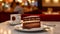 Piece of Sacher cake in a cafe, Generated AI