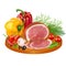 piece of smoked meat in spices with colorful peppers, tomatoes, garlic on a wooden chopping Board isolated on