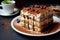 Piece of traditional Italian dessert tiramisu on plate