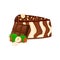 Piece of zebra cake with nuts and chocolate bar. Vector sliced portion sponge striped decorated cream crushed