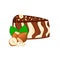 Piece of zebra cake with nuts. Vector sliced portion sponge striped , decorated chocolate cream and crushed walnut on white back