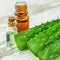 Pieces of aloe vera with pulp on a wooden background.Aloe vera essential oil or serum with sliced Aloe vera.skin care and hair