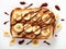 Pieces of banana on a piece of bread spread with peanut butter. White background