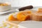 Pieces of boiled pumpkin on white table, closeup. Child\\\'s food