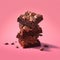 pieces of brownies stacked on a pink background
