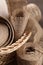 Pieces of burlap fabric and twine on table, closeup