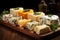 Pieces of cheese of different types on a wooden board. Advertising banner. Generative AI