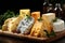 Pieces of cheese of different types on a wooden board. Advertising banner. Generative AI